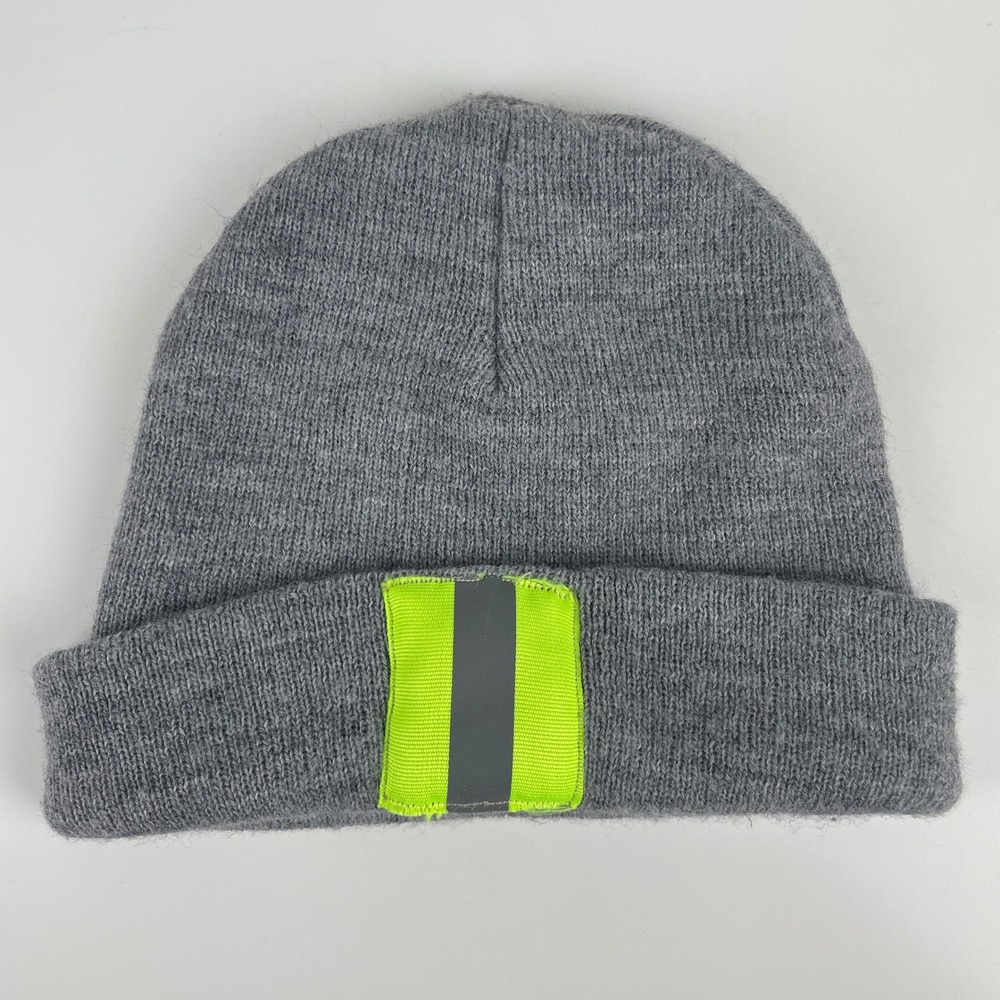 Urban Outfitters Gray‎ Knit Beanie Custom Reflective Neon Yellow Patch USA OS